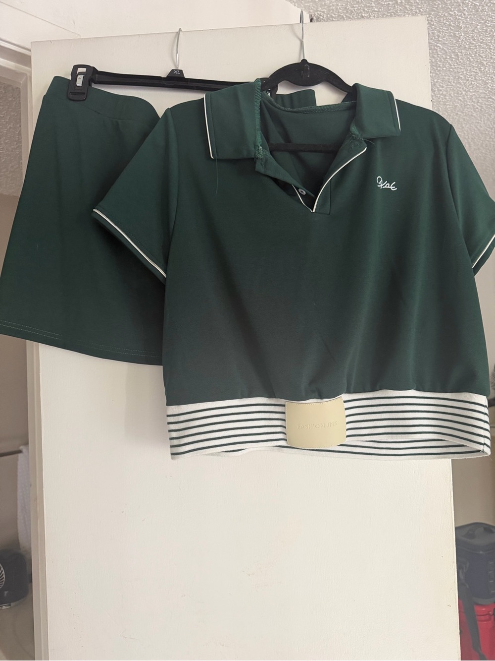 Dark Green Two-Piece Polo Skirt Set with Stripe Hem